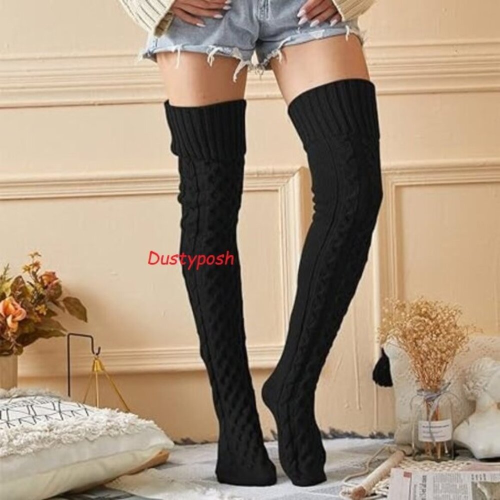 Black Long Soft Cable Knit Over The Knee Thigh High Sock School Girl Lingerie